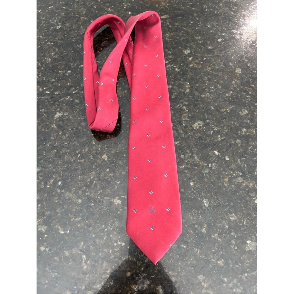 Dior Men's Red Silk Tie with Small Blue Motifs, 56" long